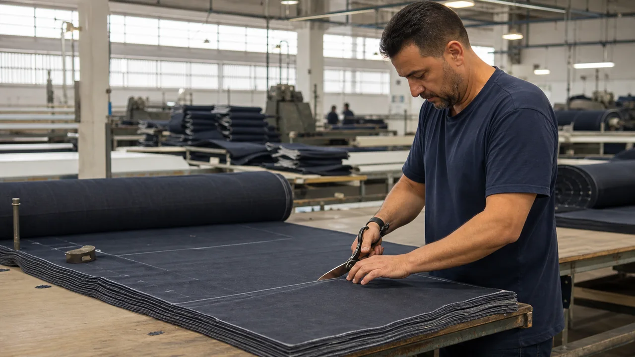 Profissional cortando tecido jeans na fábrica Pano Velho