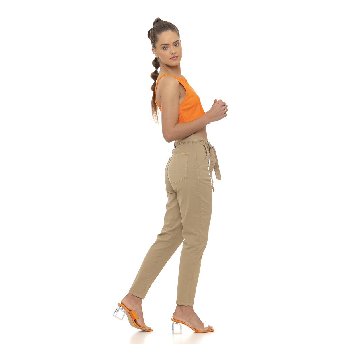 Botão Paper Bag Pants Bolsos falsos Manta Formal Calça Feminina